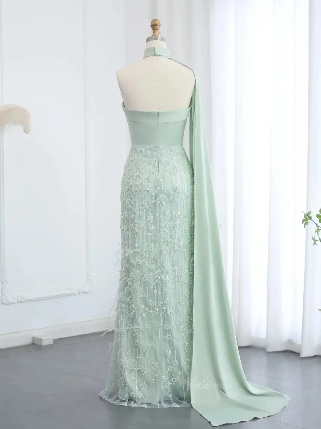 Elegant Light Green Prom Dresses Beaded Sheath Formal Dresses Watteau Train BD011