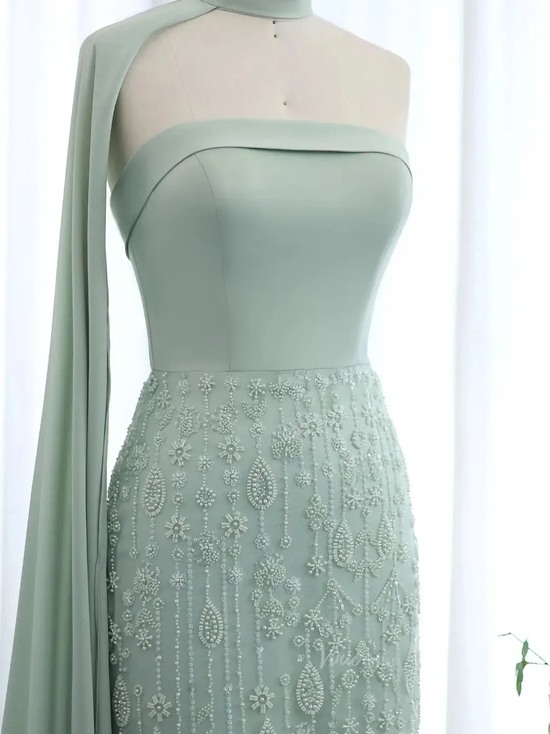 Elegant Light Green Prom Dresses Beaded Sheath Formal Dresses Watteau Train BD011