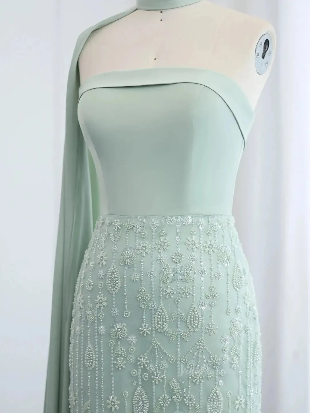 Elegant Light Green Prom Dresses Beaded Sheath Formal Dresses Watteau Train BD011