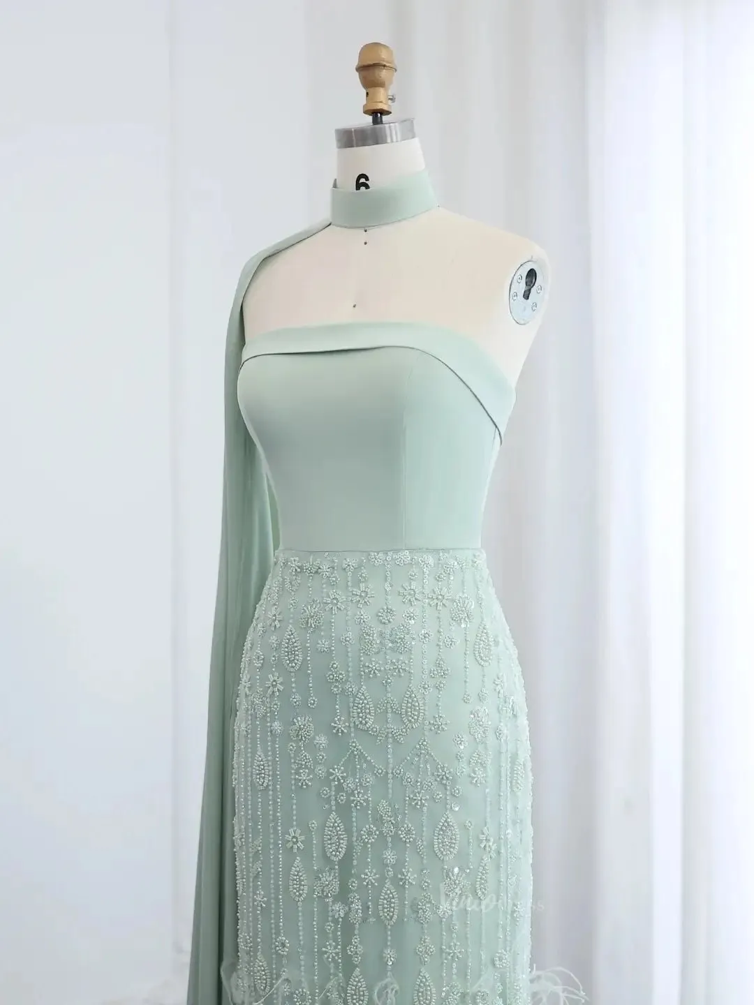 Elegant Light Green Prom Dresses Beaded Sheath Formal Dresses Watteau Train BD011