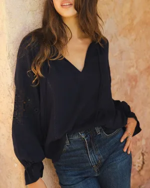 Embroidered Lace Trim Blouse - Navy