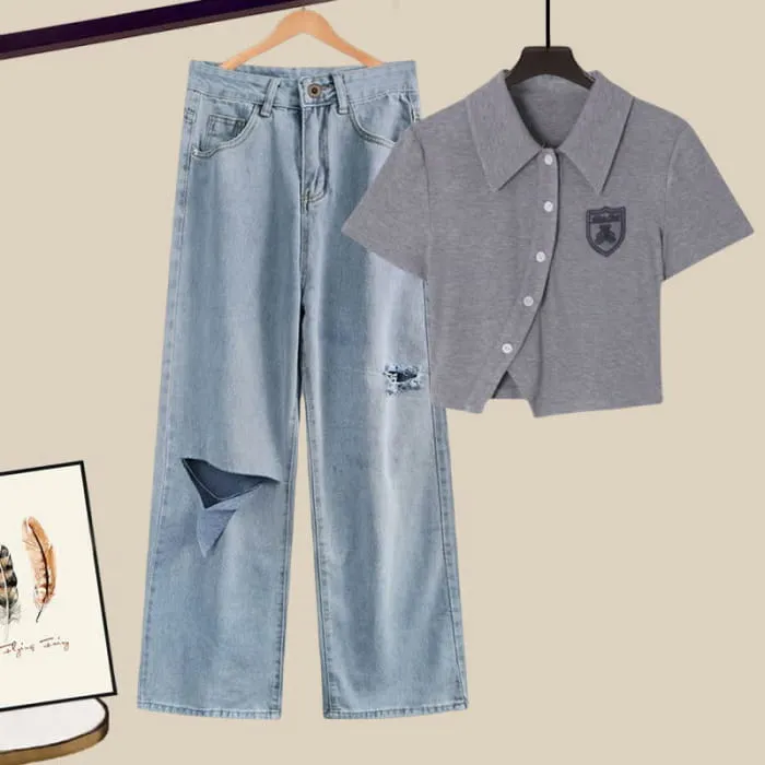 Embroidery Polo T-Shirt Ripped Denim Pants Set