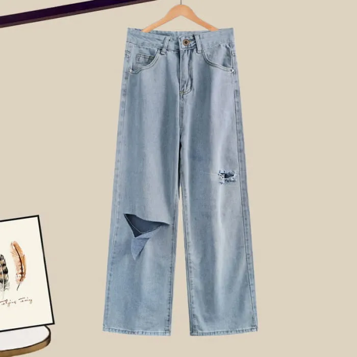 Embroidery Polo T-Shirt Ripped Denim Pants Set