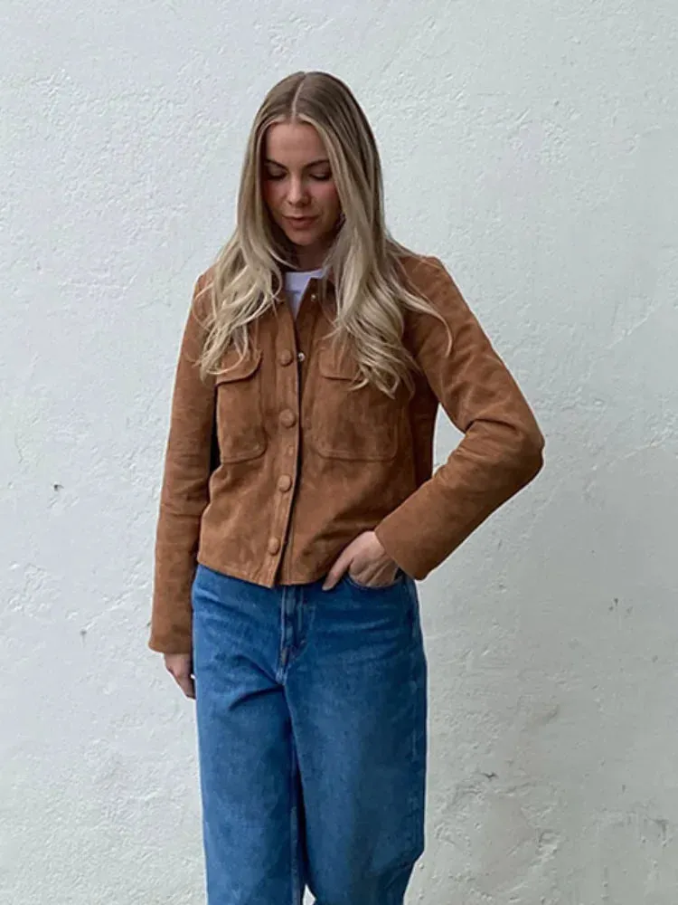 Fashionkova Fashion Brown Slim Fit Suede Short Jackets Women's Vintage Single Breasted Long Sleeves Cropped Coats Chic Lady Autumn Outerwear