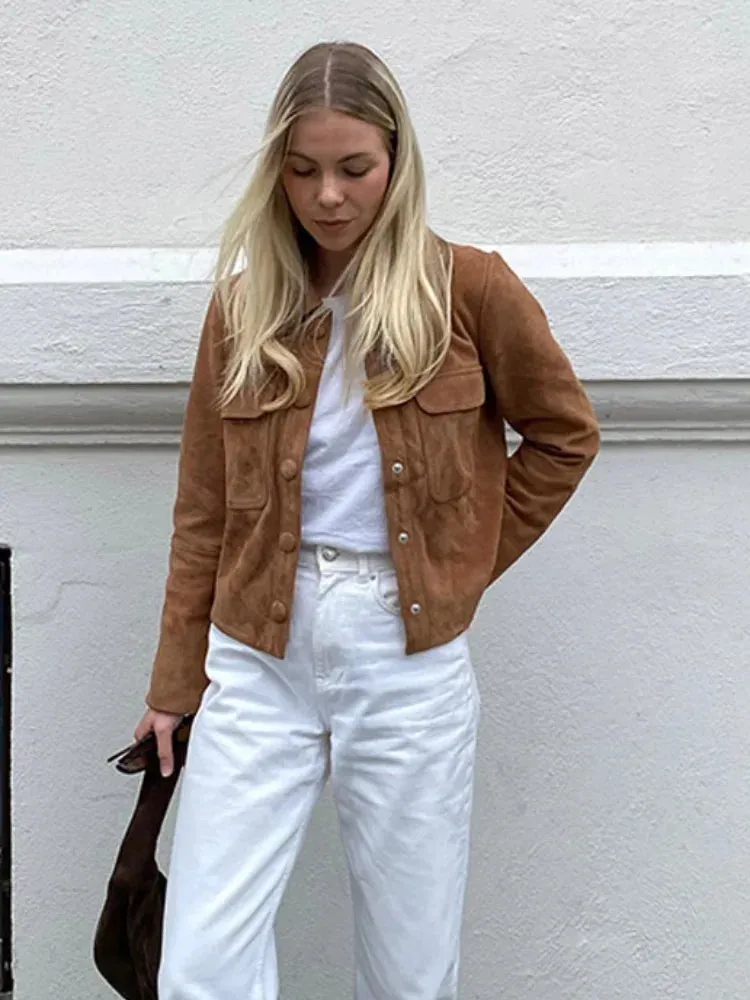Fashionkova Fashion Brown Slim Fit Suede Short Jackets Women's Vintage Single Breasted Long Sleeves Cropped Coats Chic Lady Autumn Outerwear