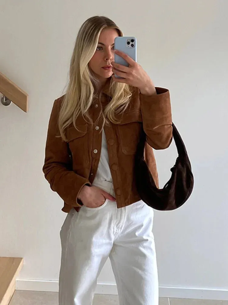 Fashionkova Fashion Brown Slim Fit Suede Short Jackets Women's Vintage Single Breasted Long Sleeves Cropped Coats Chic Lady Autumn Outerwear