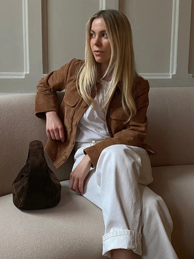 Fashionkova Fashion Brown Slim Fit Suede Short Jackets Women's Vintage Single Breasted Long Sleeves Cropped Coats Chic Lady Autumn Outerwear