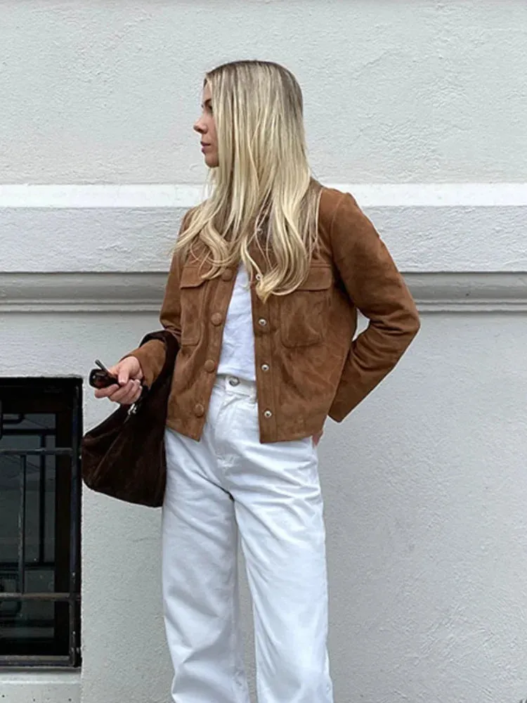 Fashionkova Fashion Brown Slim Fit Suede Short Jackets Women's Vintage Single Breasted Long Sleeves Cropped Coats Chic Lady Autumn Outerwear