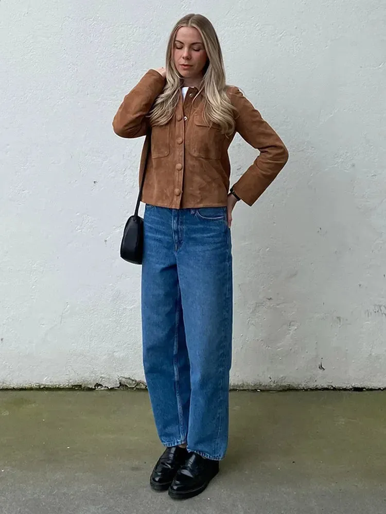 Fashionkova Fashion Brown Slim Fit Suede Short Jackets Women's Vintage Single Breasted Long Sleeves Cropped Coats Chic Lady Autumn Outerwear