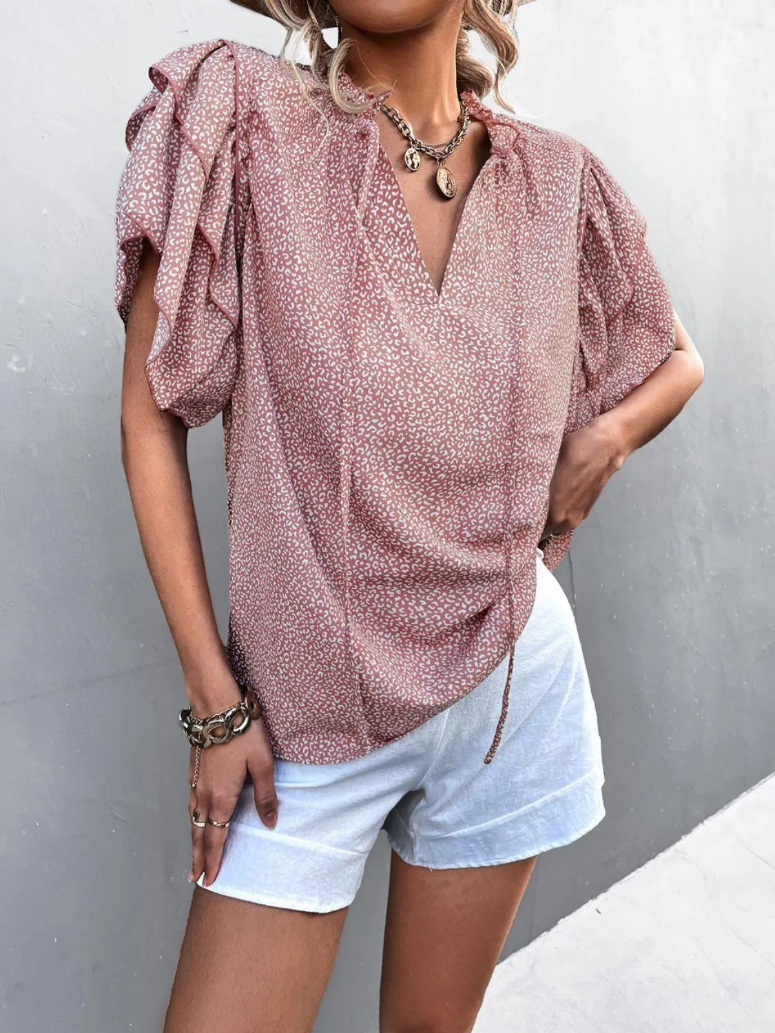Flattering Printed Frill Flutter Sleeve Blouse