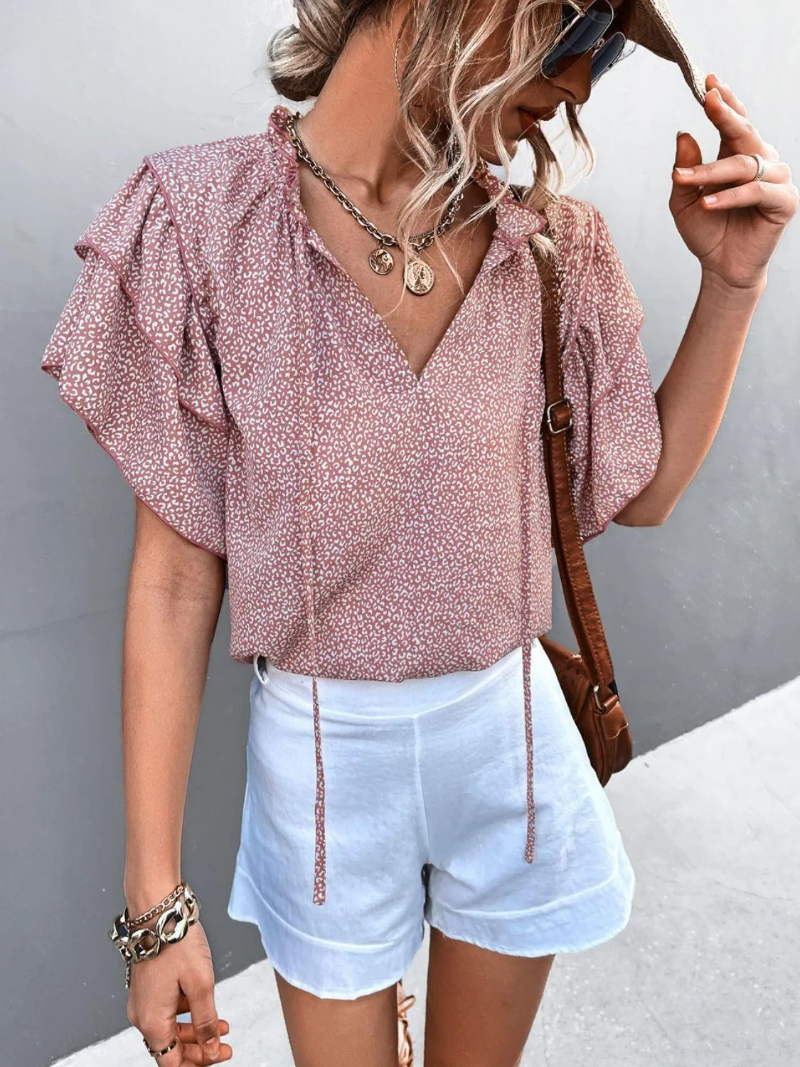 Flattering Printed Frill Flutter Sleeve Blouse