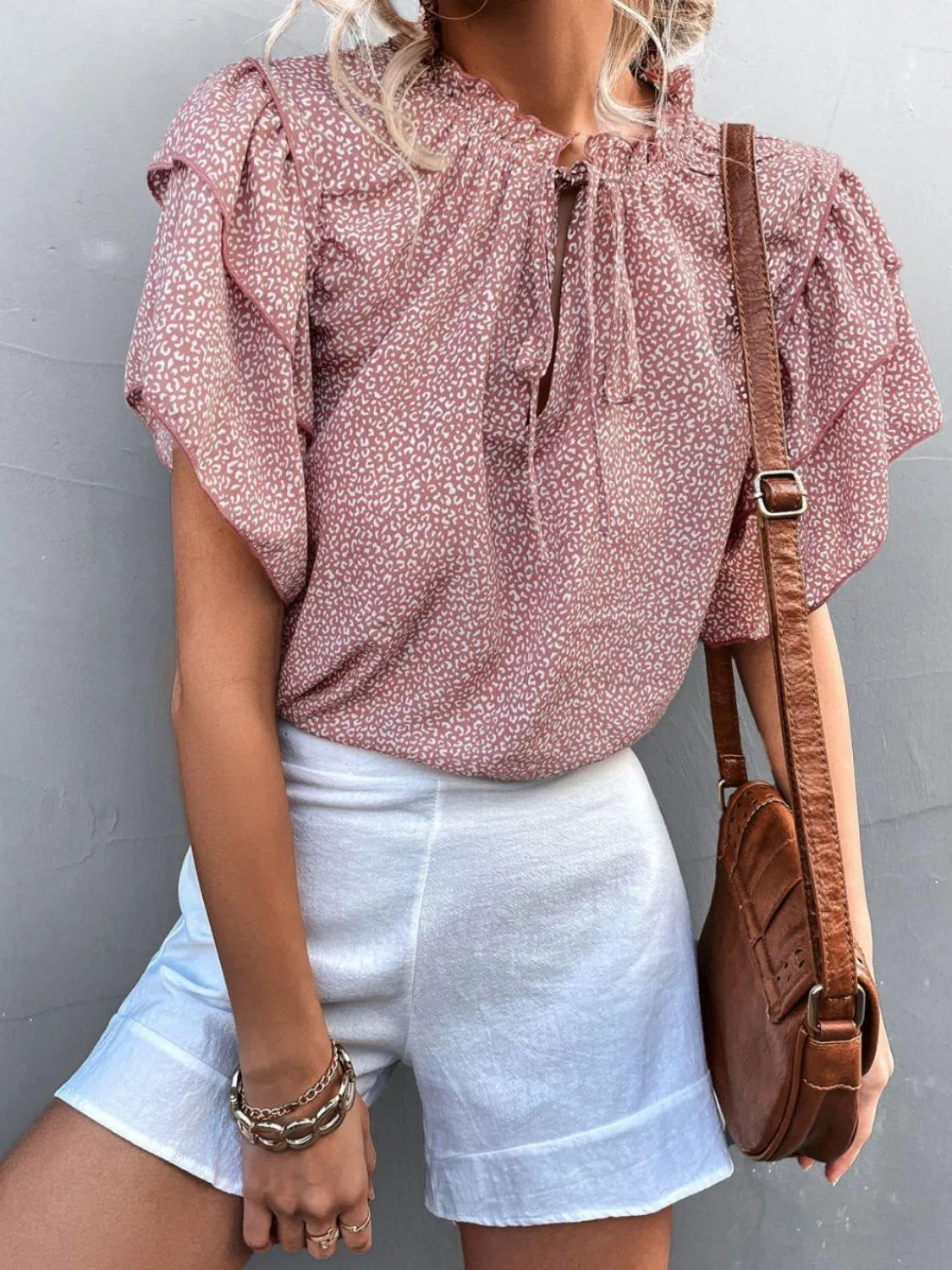 Flattering Printed Frill Flutter Sleeve Blouse