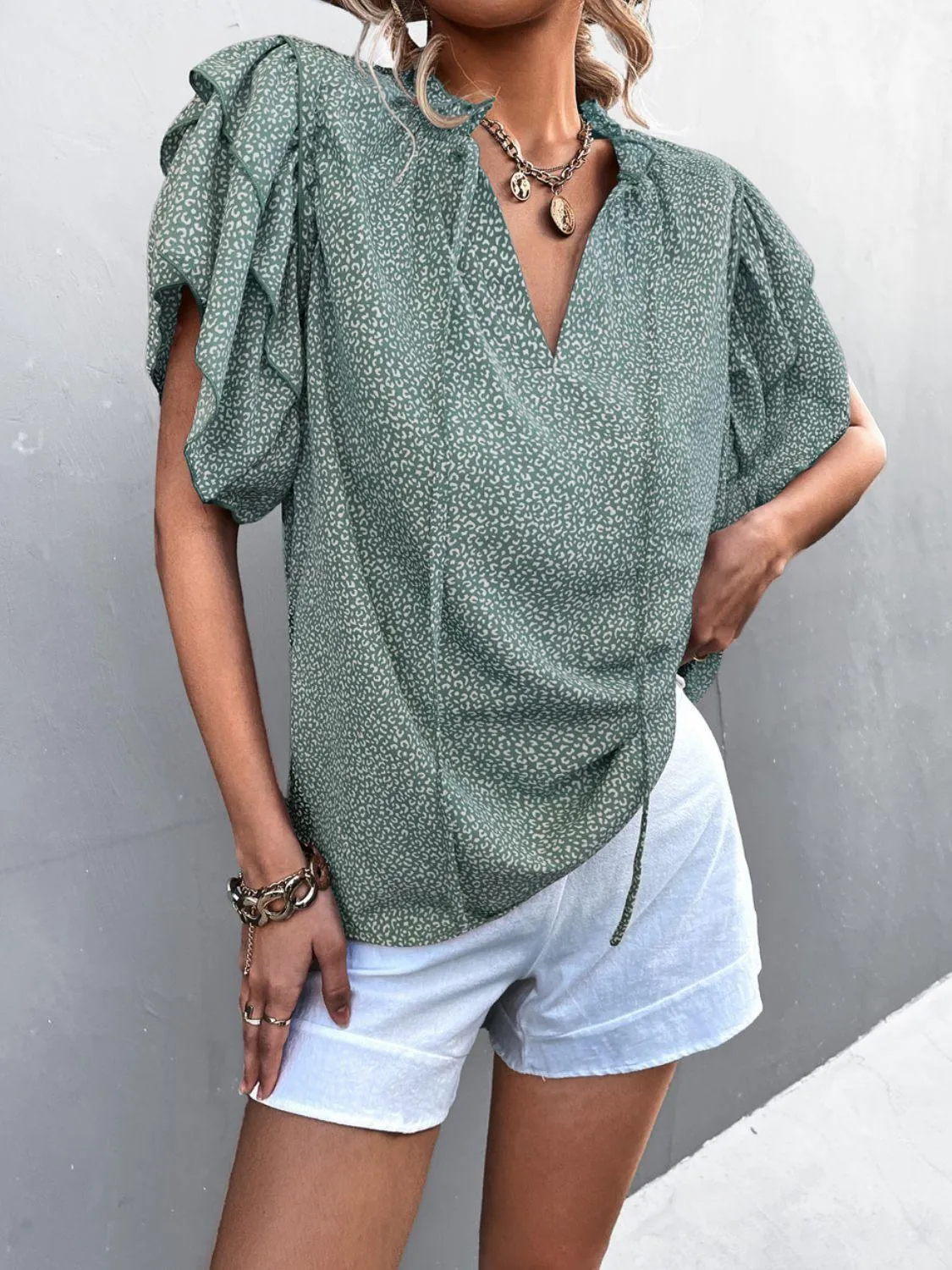 Flattering Printed Frill Flutter Sleeve Blouse
