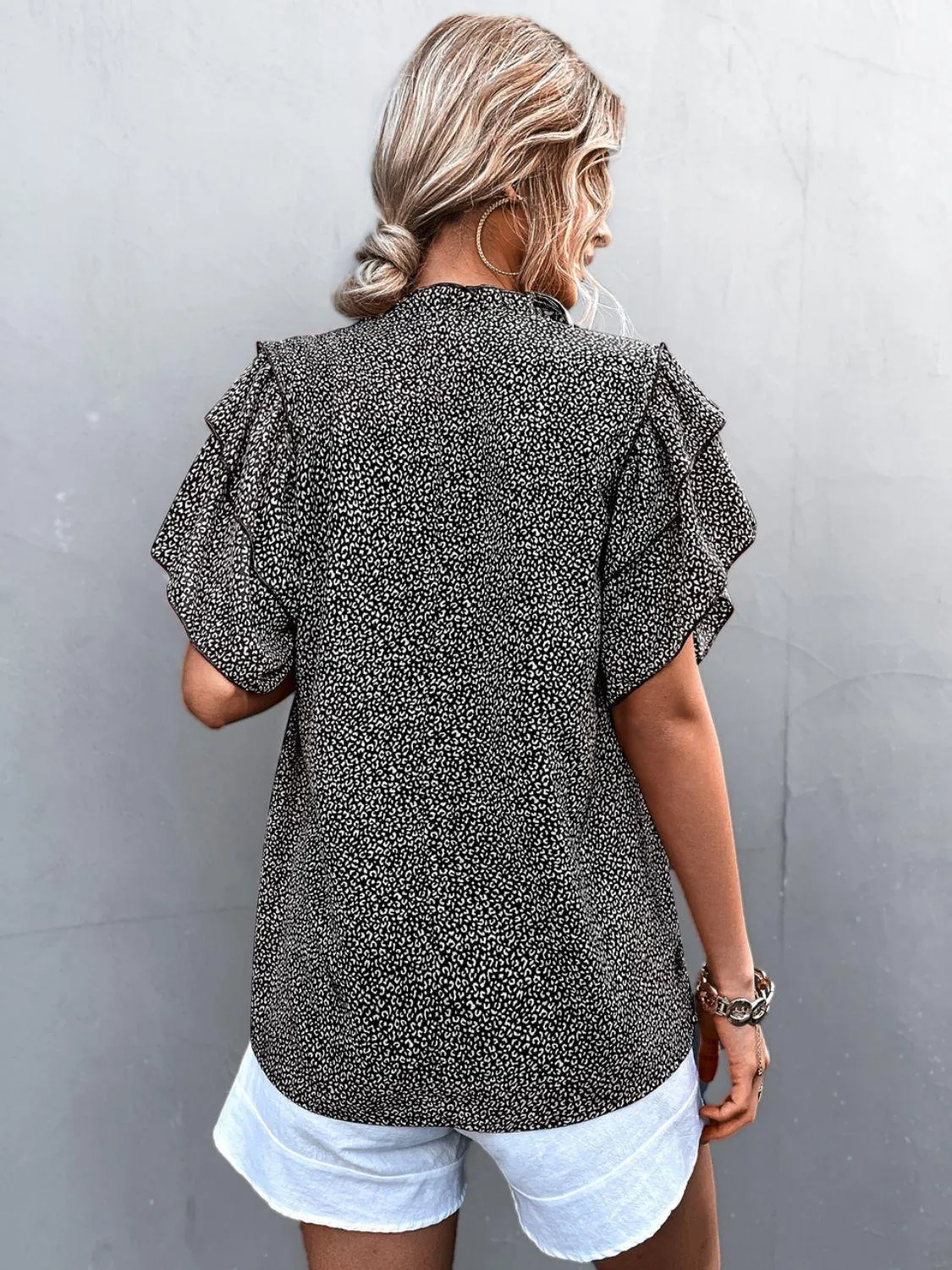 Flattering Printed Frill Flutter Sleeve Blouse