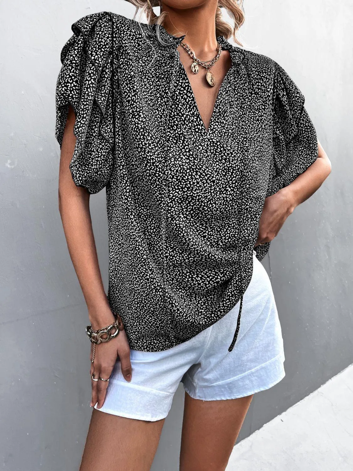 Flattering Printed Frill Flutter Sleeve Blouse