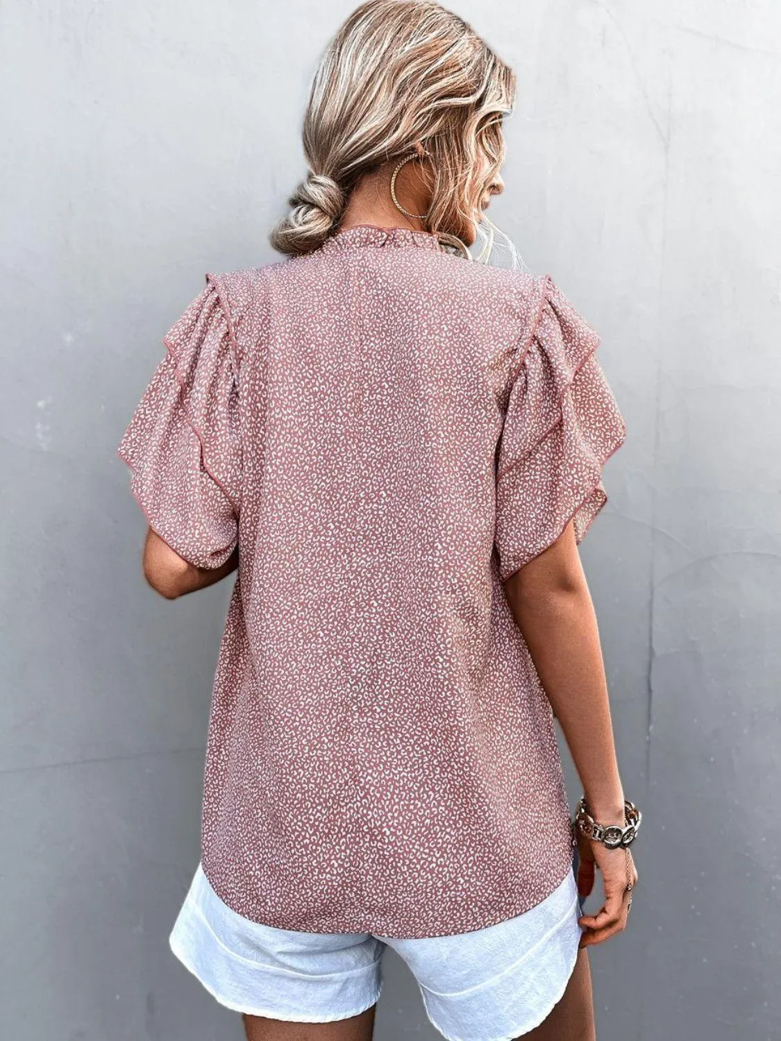 Flattering Printed Frill Flutter Sleeve Blouse