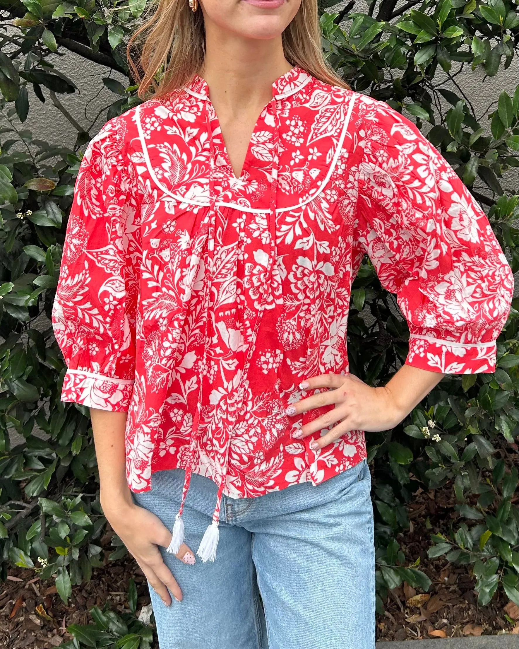 Floral Print Blouse Top - Red
