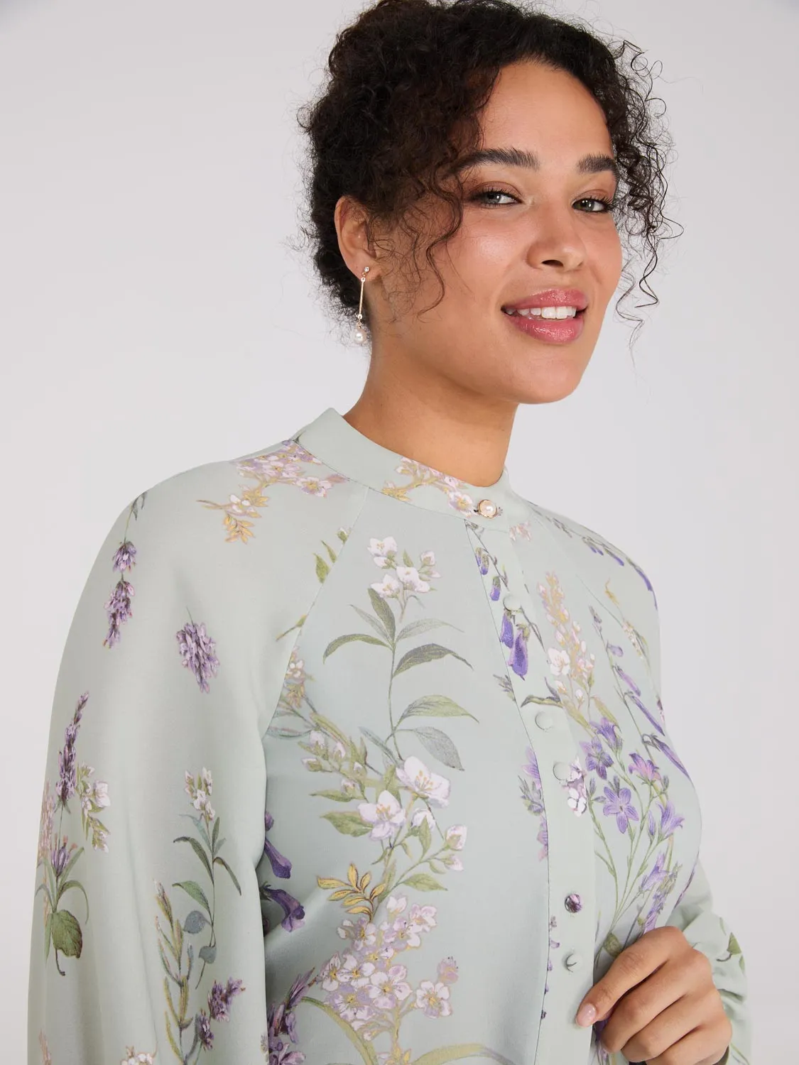 Floral Print Round Collar Chiffon Blouse