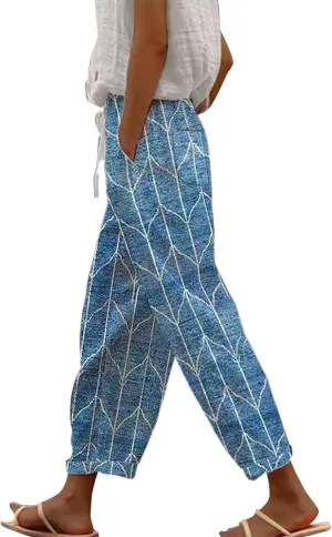 Flowy Linen Pants for Women Drawstring Pants Capri Pants 2025 Pants with Pockets Wide Leg Cropped Pants Wide Leg