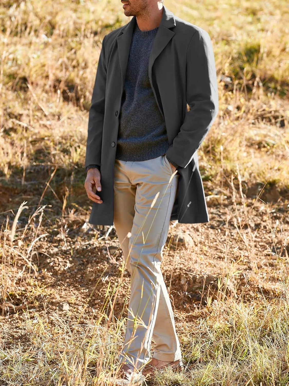 Gafeng Men's Trench Coat Slim Fit Notch Lapel Single Breasted Top Coat Winter Warm Cotton Business Long Jacket Overcoat