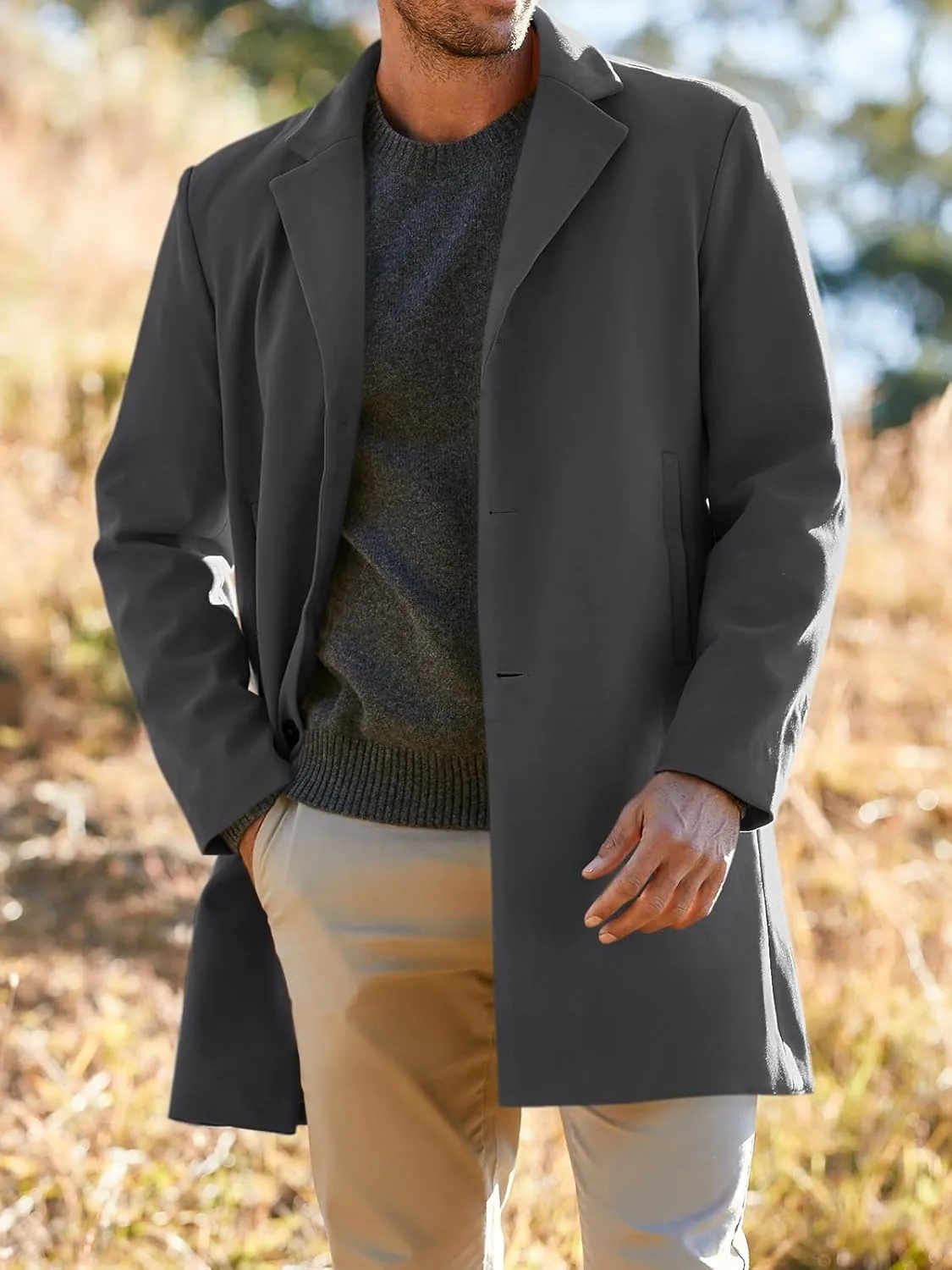 Gafeng Men's Trench Coat Slim Fit Notch Lapel Single Breasted Top Coat Winter Warm Cotton Business Long Jacket Overcoat