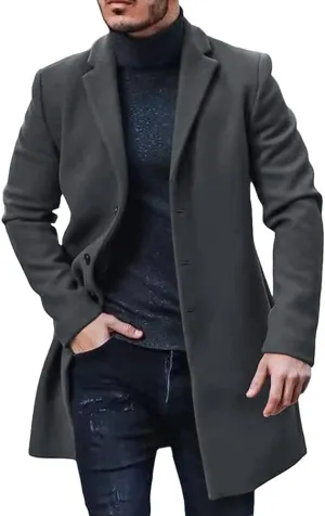Gafeng Men's Trench Coat Slim Fit Notch Lapel Single Breasted Top Coat Winter Warm Cotton Business Long Jacket Overcoat