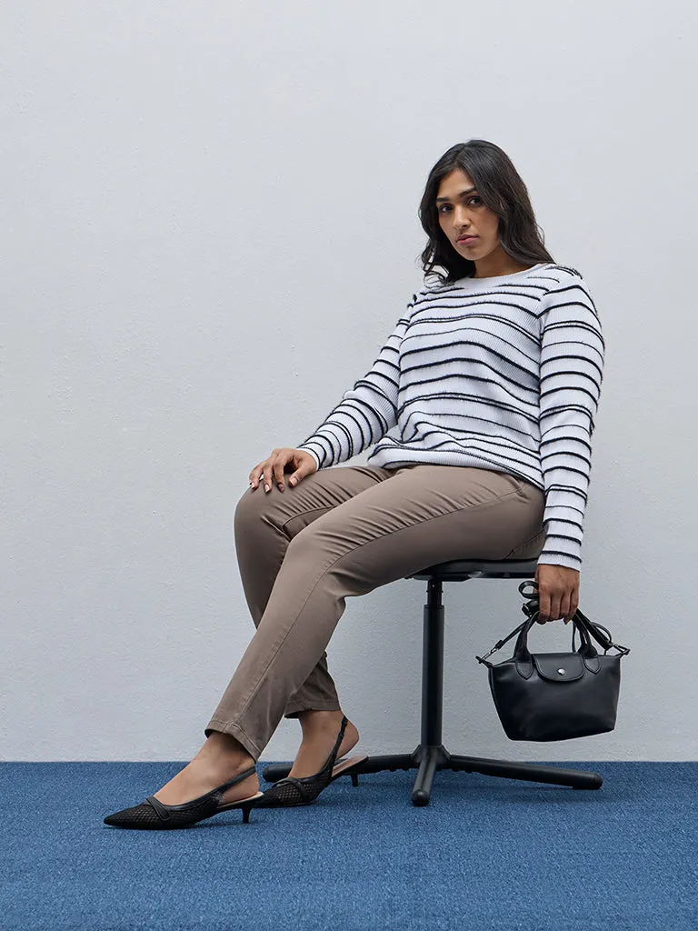 Gia White Striped Cotton Blend Sweater