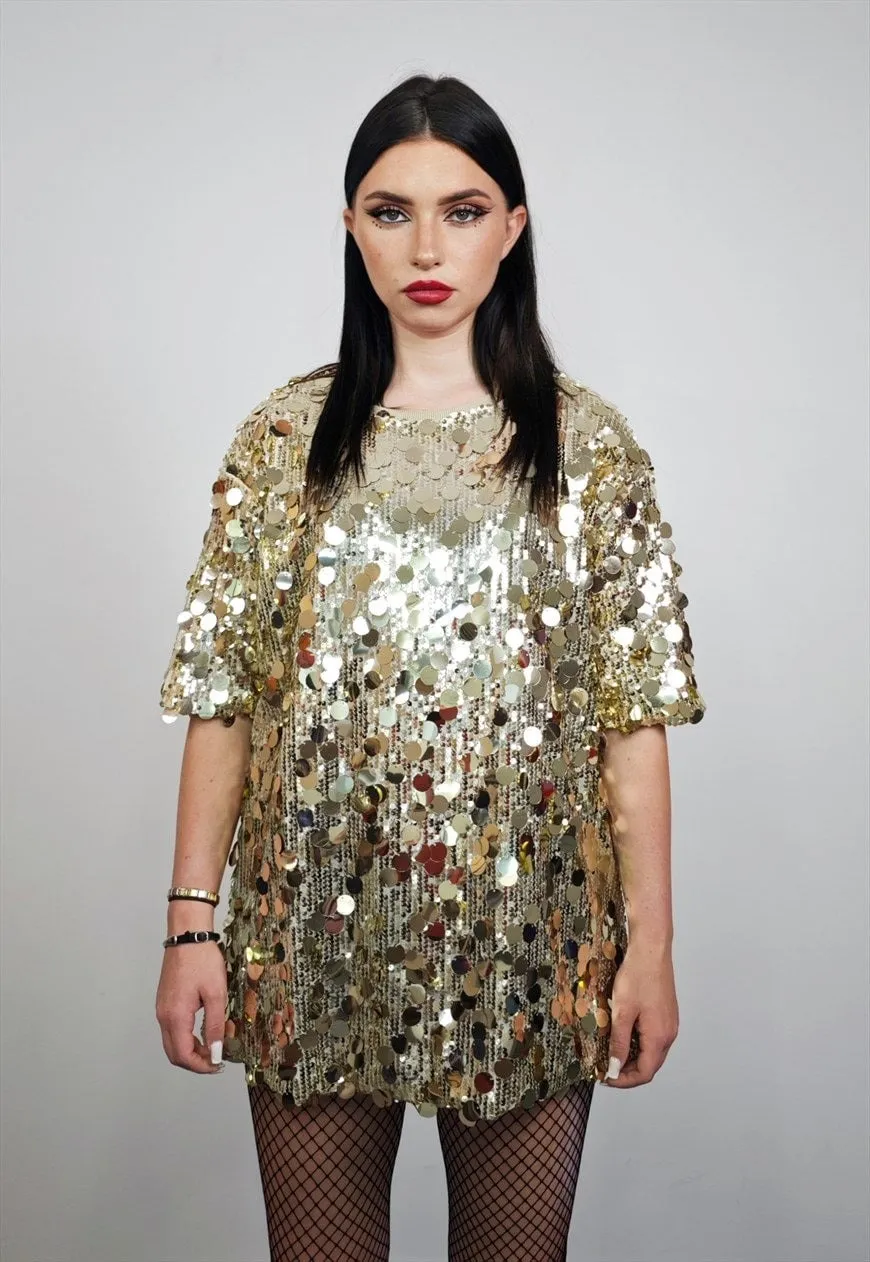 Gold sequin top luxury embellished tee embroidered t-shirt