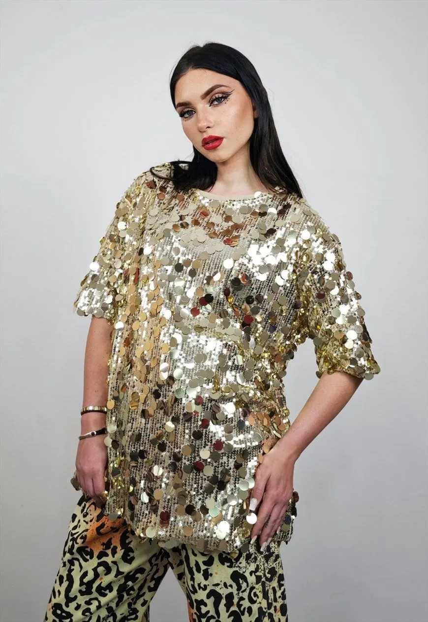 Gold sequin top luxury embellished tee embroidered t-shirt
