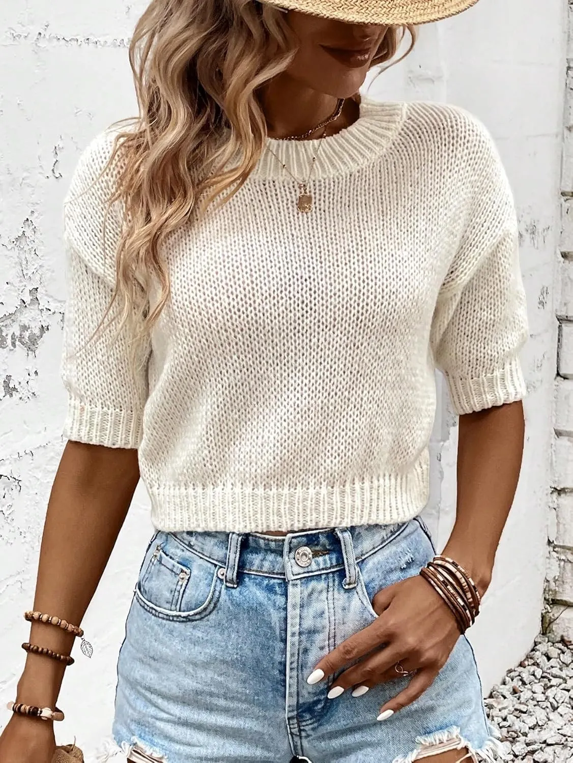 GORGLITTER Women's Puff Short Sleeve Cropped Sweater Tops Cute Chunky Fall Fashion Knit Crop Sweaters 2025