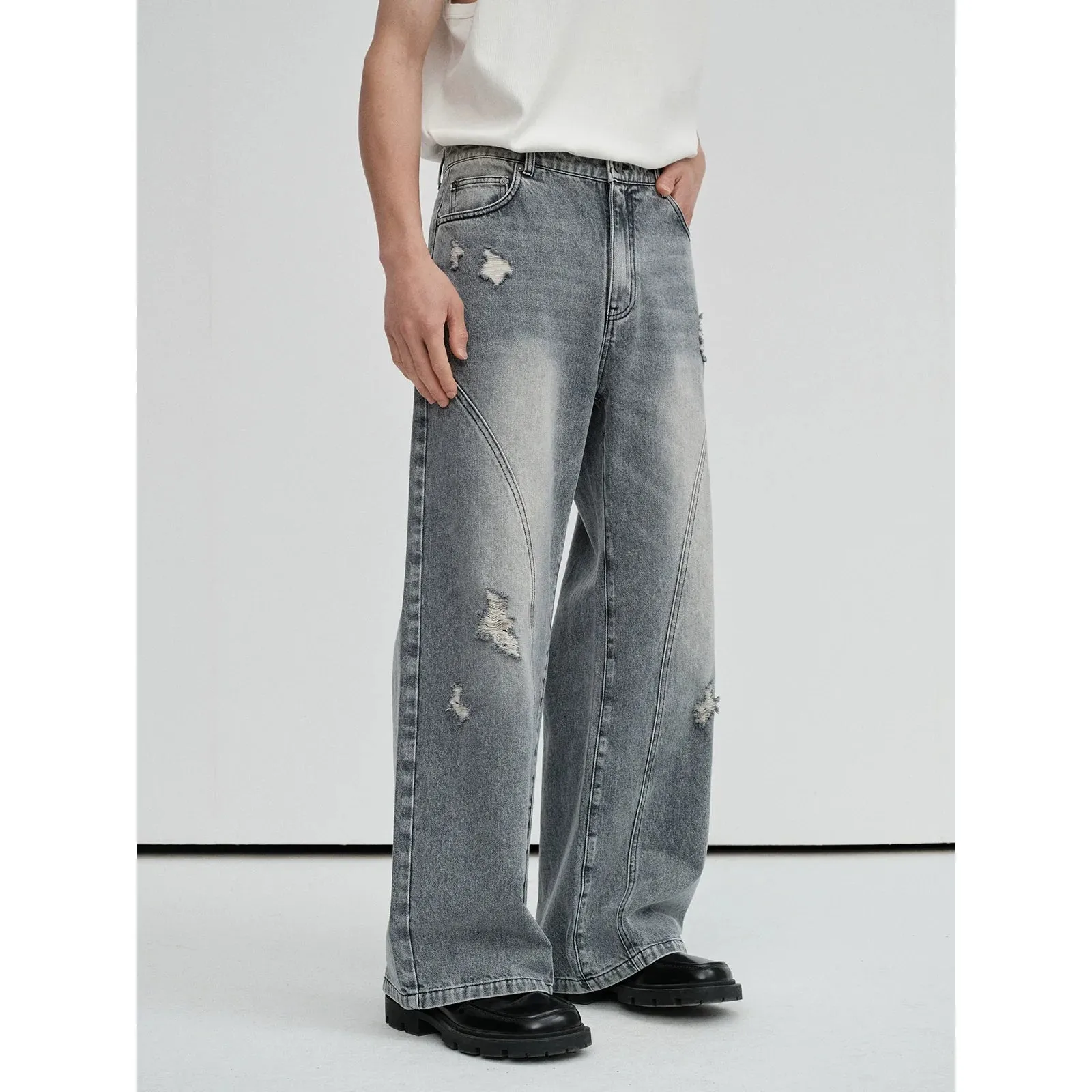 Gray Distressed Wide-Leg Jeans