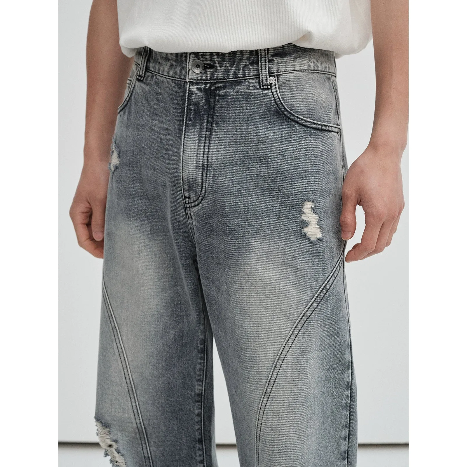 Gray Distressed Wide-Leg Jeans