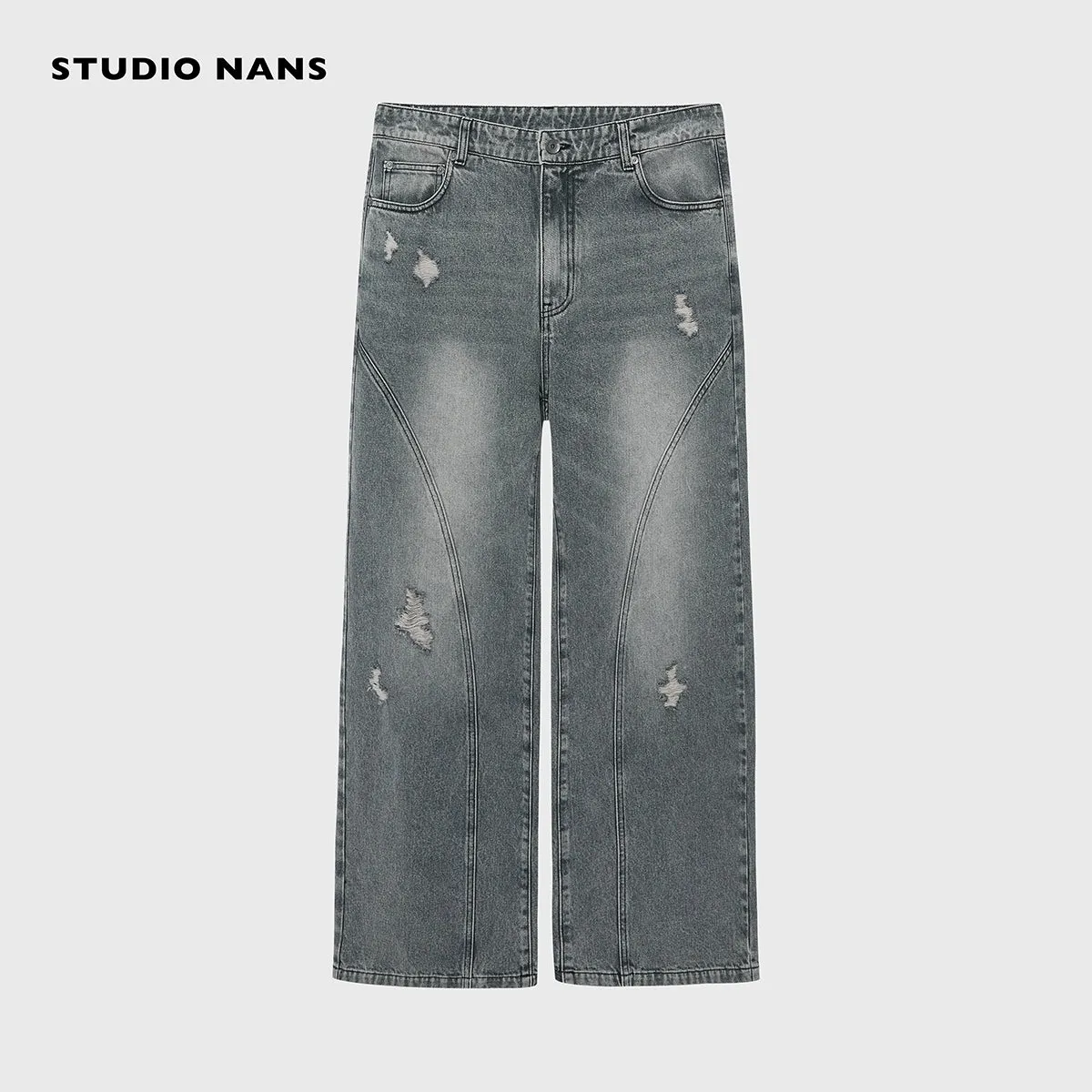 Gray Distressed Wide-Leg Jeans