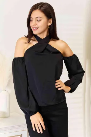 Grecian Neck Black Cold Shoulder Blouse