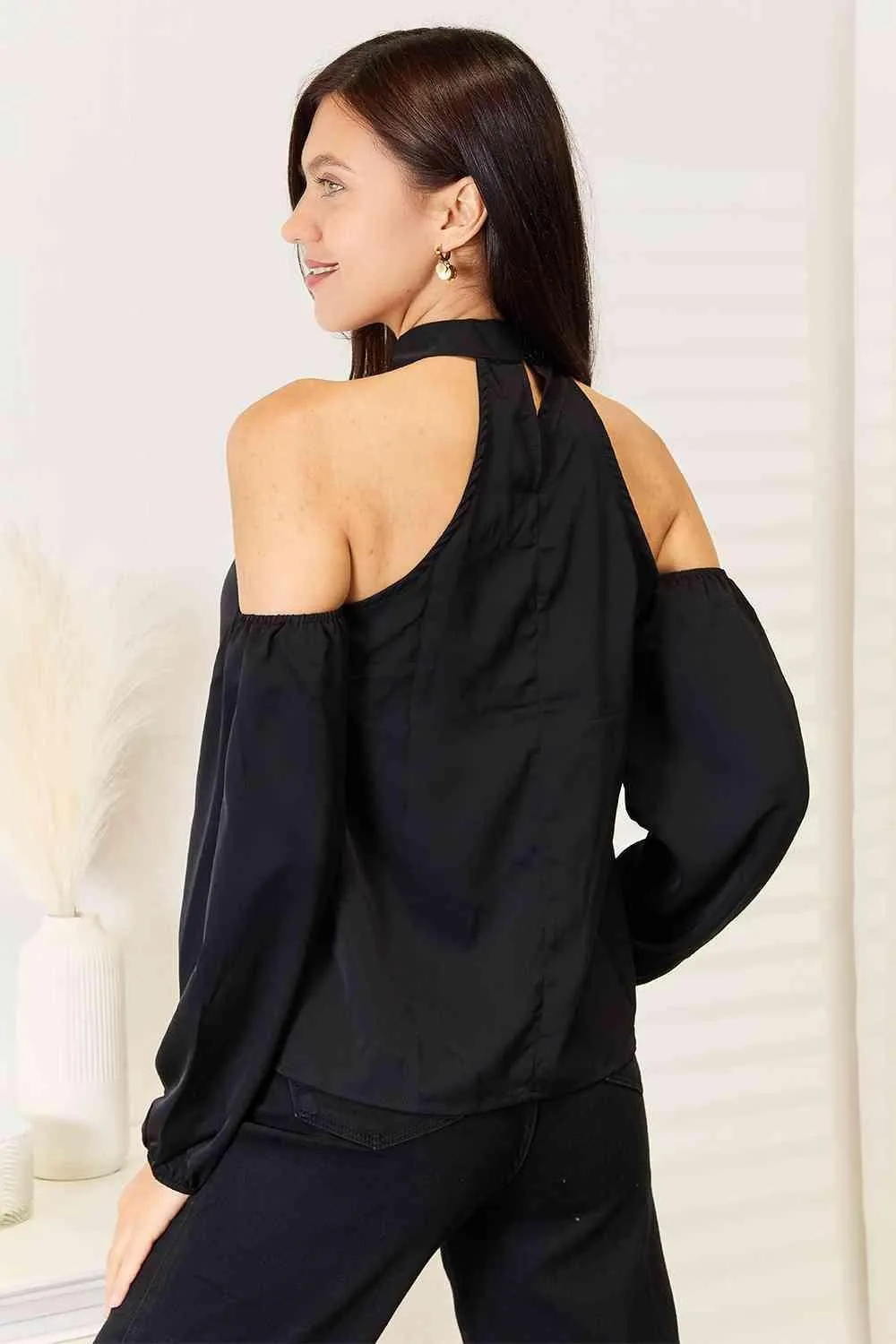Grecian Neck Black Cold Shoulder Blouse