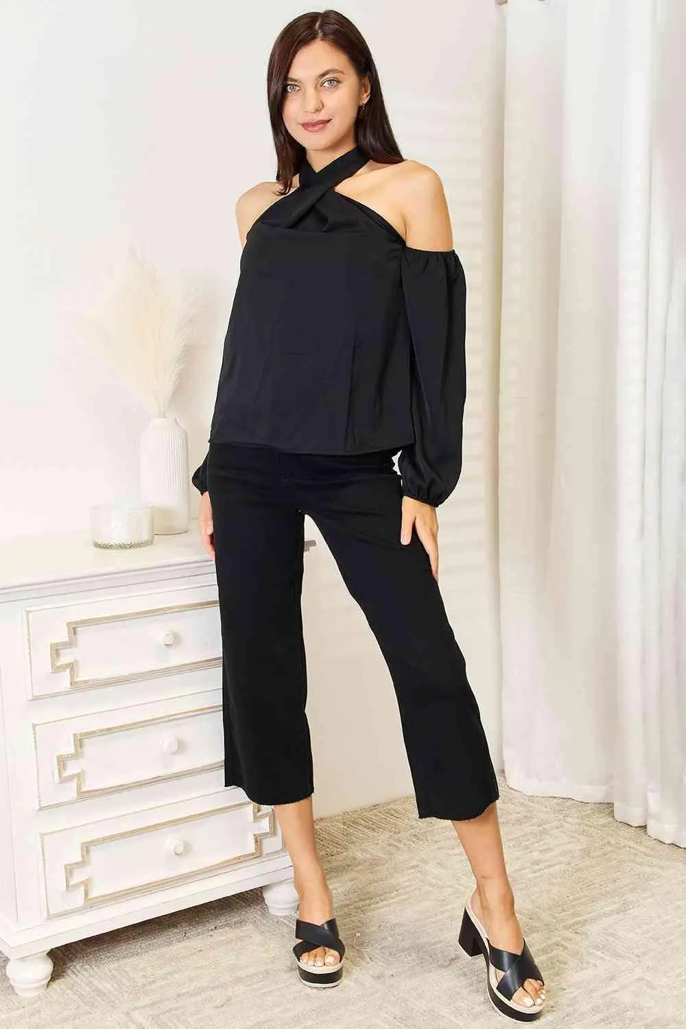 Grecian Neck Black Cold Shoulder Blouse