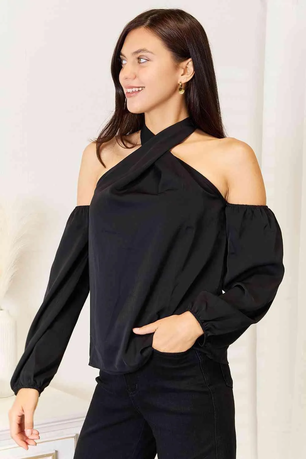 Grecian Neck Black Cold Shoulder Blouse
