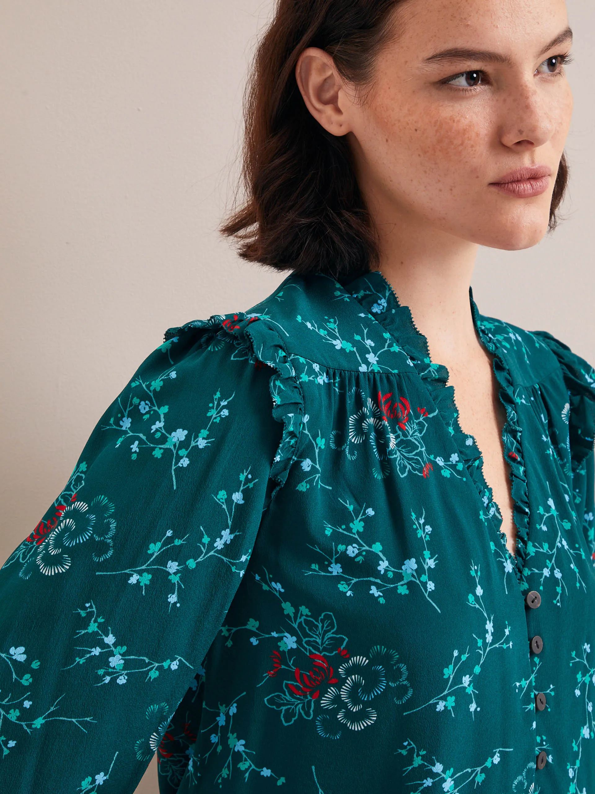 Green lotus print Stella silk shirt