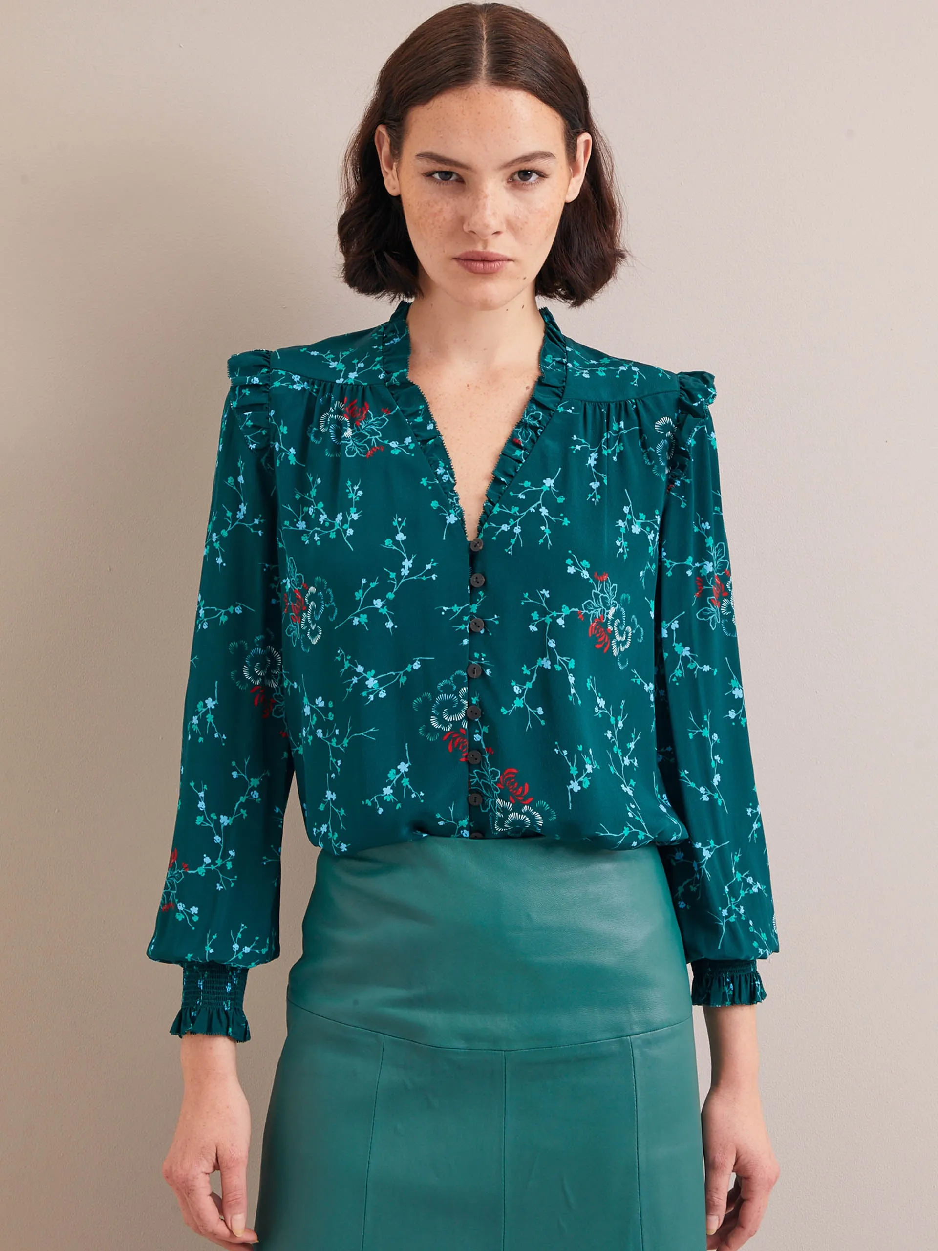 Green lotus print Stella silk shirt