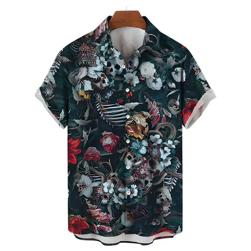 Hawaiian Skeleton Print Polyester Shirt