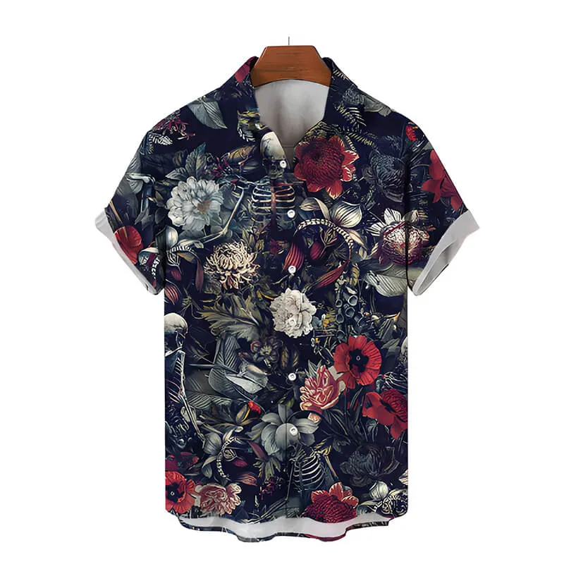 Hawaiian Skeleton Print Polyester Shirt