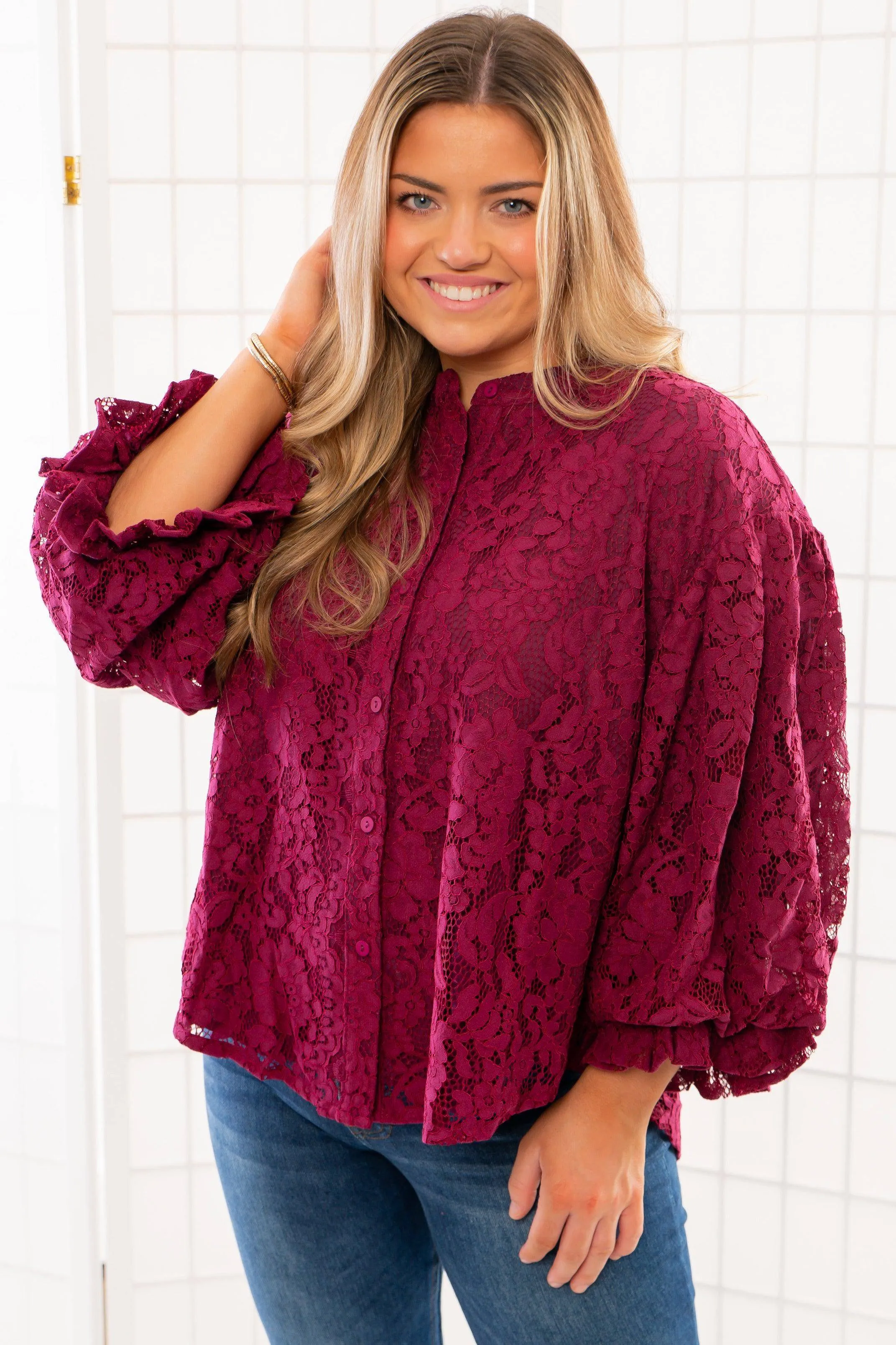 Jayne Wine Lace Bubble Sleeve Blouse
