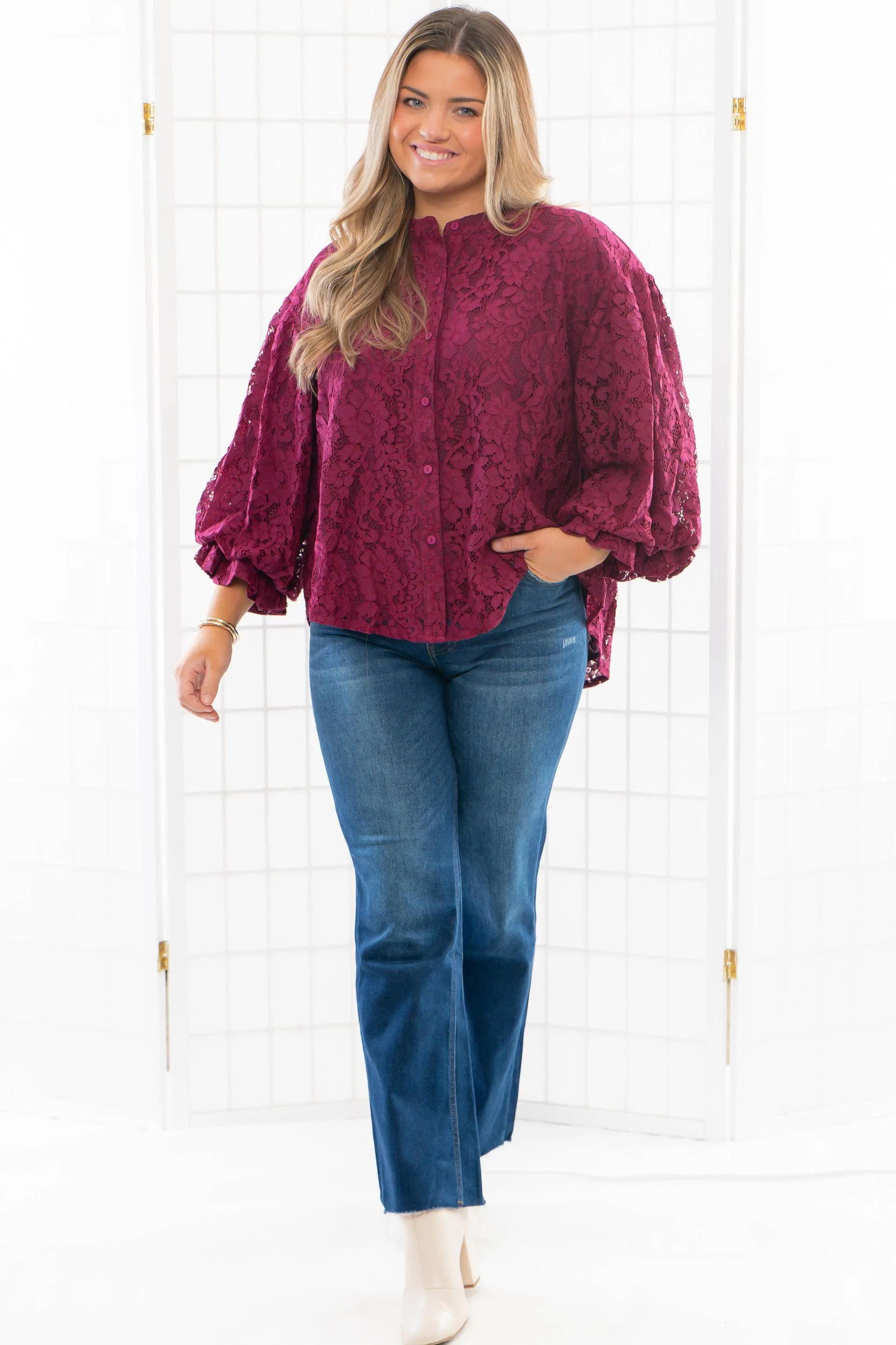 Jayne Wine Lace Bubble Sleeve Blouse