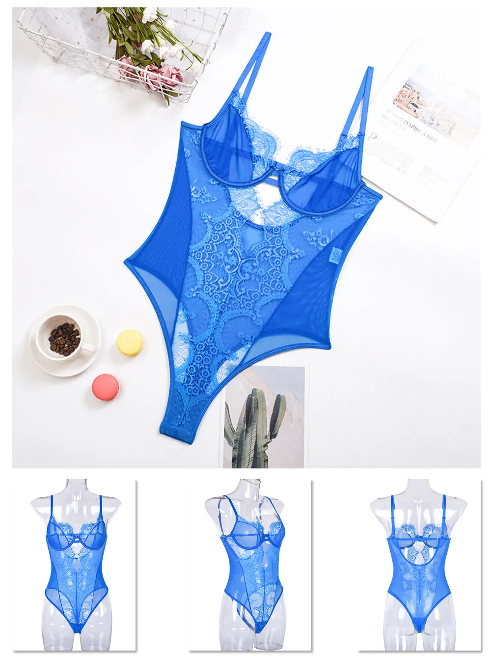Kaei&Shi Eyelash Mesh Sheer Floral Lace Bodysuit,Deep V Neck Backless One Piece Body Suit