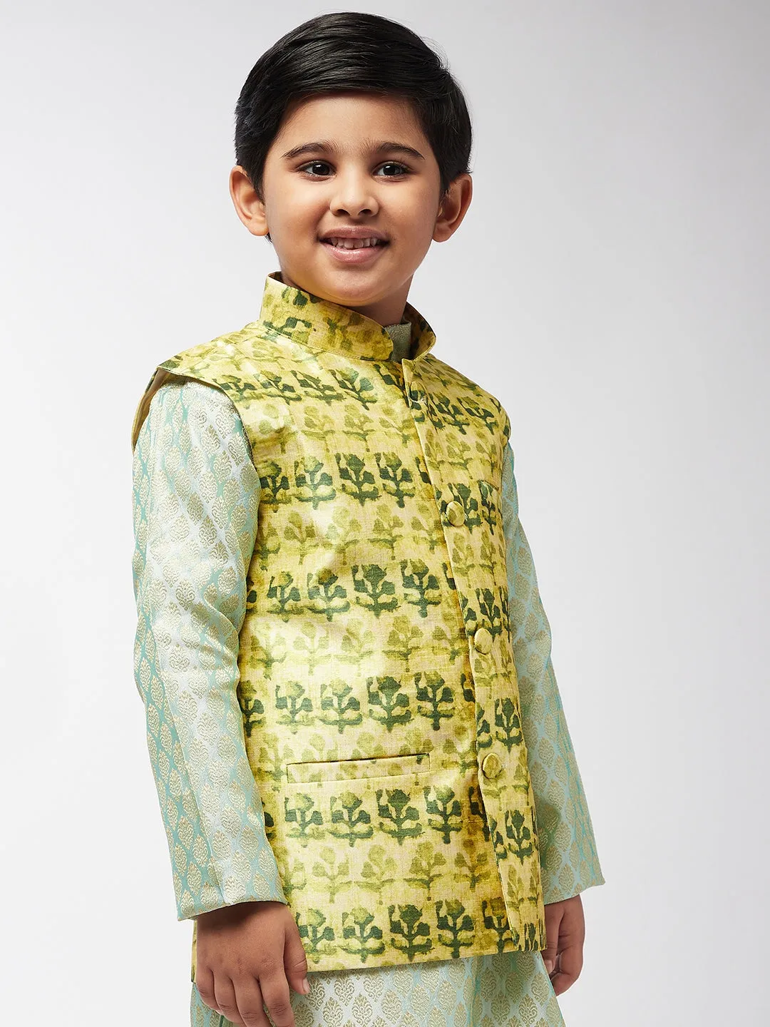 Kid's Silk Blend Lime Green Printed ONLY Nehrujacket - Sojanya KID
