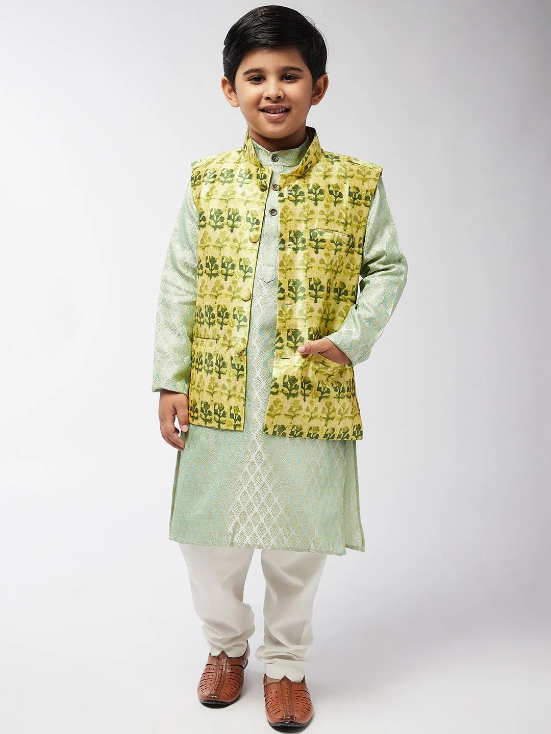 Kid's Silk Blend Lime Green Printed ONLY Nehrujacket - Sojanya KID