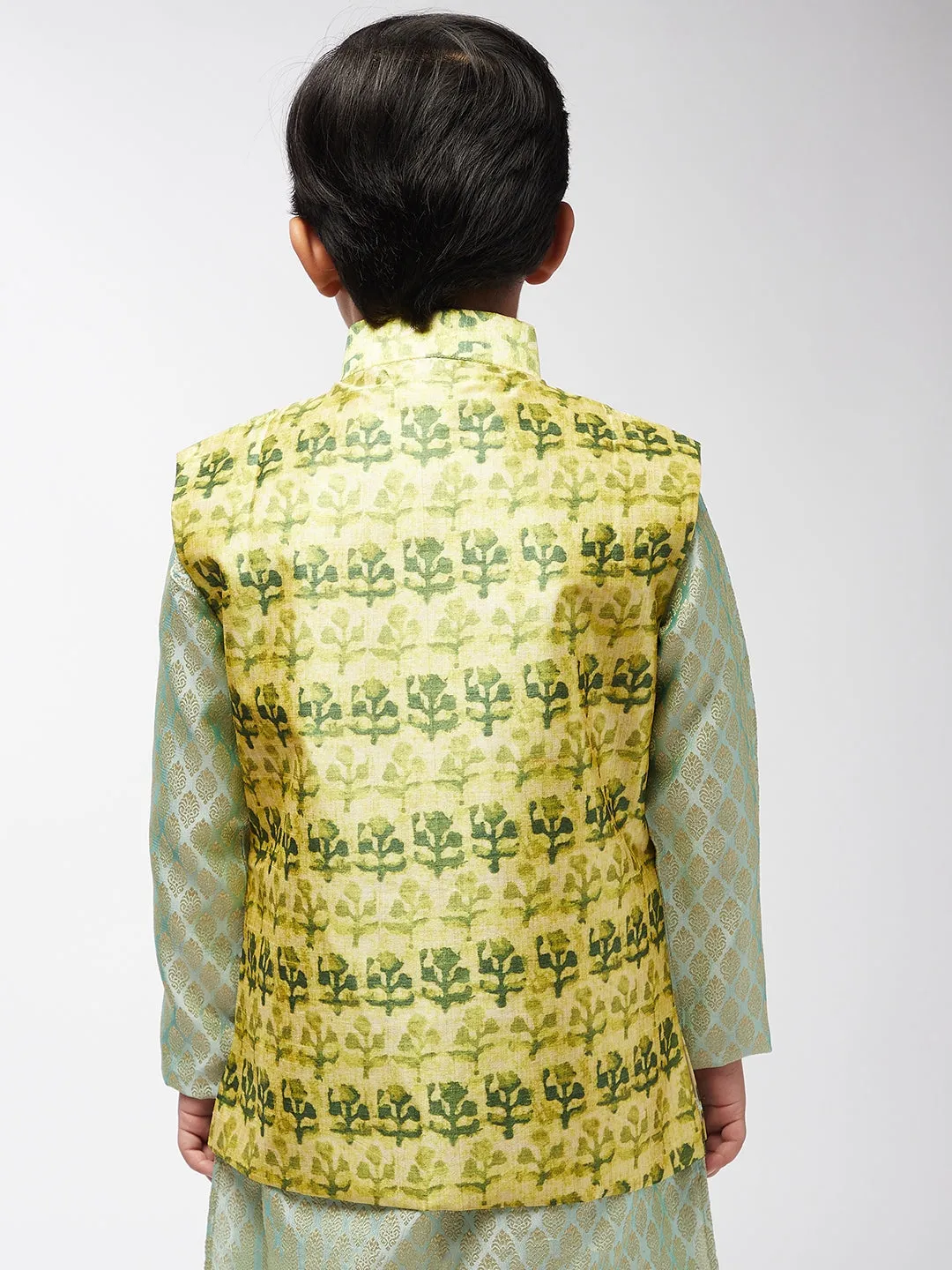 Kid's Silk Blend Lime Green Printed ONLY Nehrujacket - Sojanya KID