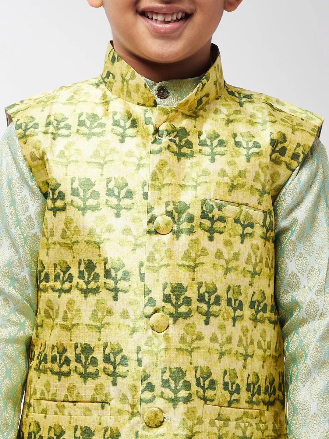 Kid's Silk Blend Lime Green Printed ONLY Nehrujacket - Sojanya KID