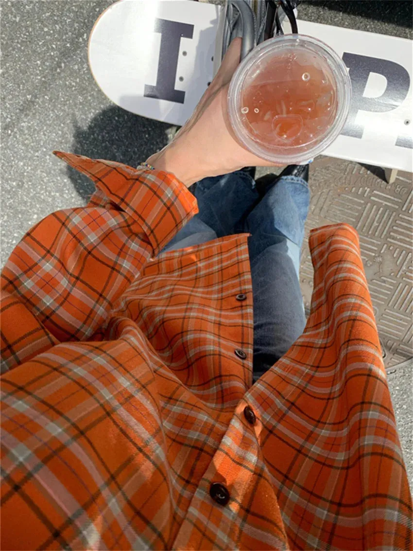 KYLETHOMASW  -   Autumn Plaid Women Shirts New Loose Plaid Chic Casual Gentle All Match Daily 2024 Vintage Coats High Street Slim