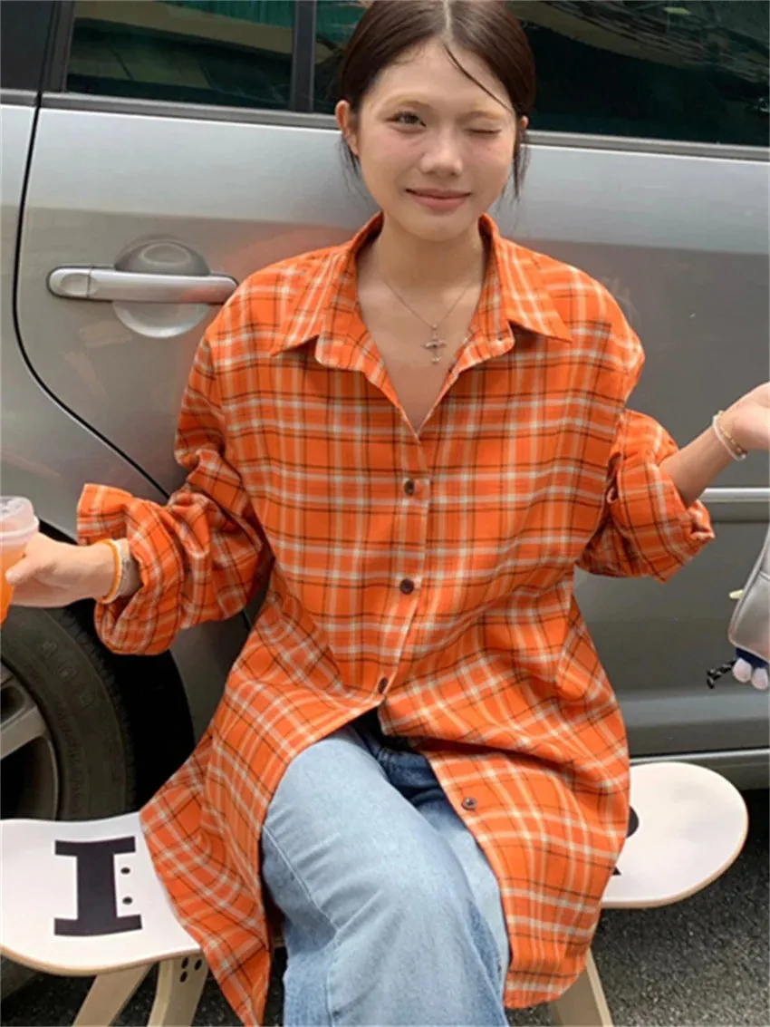 KYLETHOMASW  -   Autumn Plaid Women Shirts New Loose Plaid Chic Casual Gentle All Match Daily 2024 Vintage Coats High Street Slim